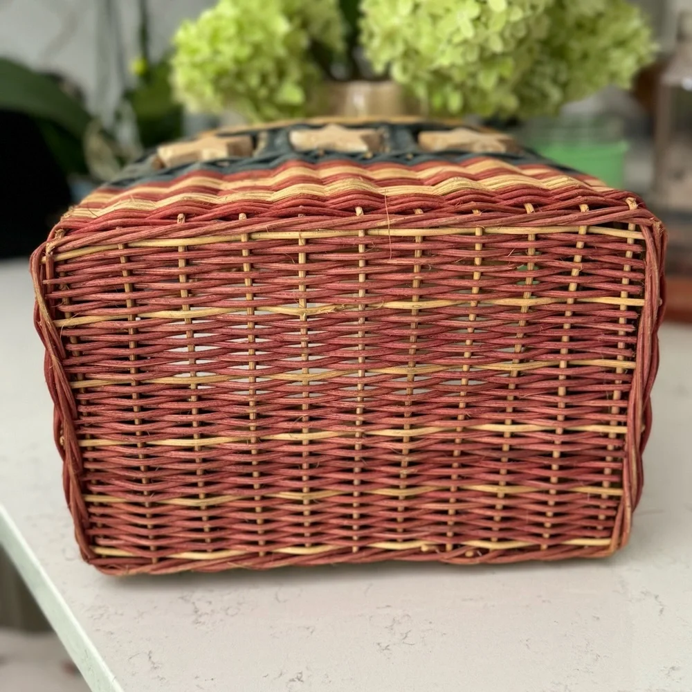 Vintage Basket Tied Hanging Wooden Stars 11” x 8”x 12”H w/ handle 4th of July